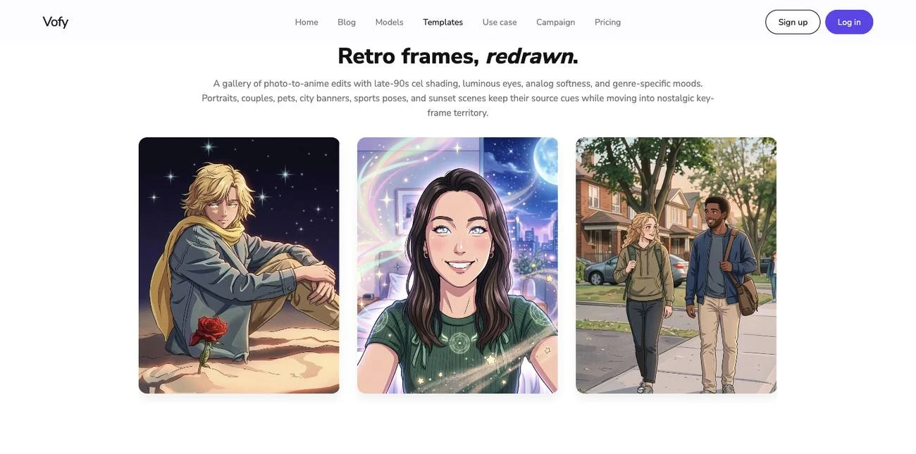 Screenshot of the 90s Anime Filter showcase on Vofy, showing a gallery of retro photo-to-anime edits