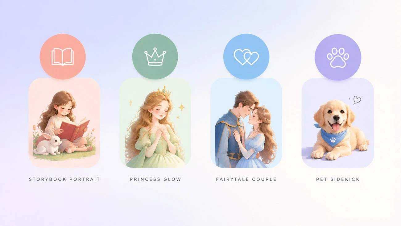 Four Disney style directions compared: Storybook Portrait, Princess Glow, Fairytale Couple, and Pet Sidekick