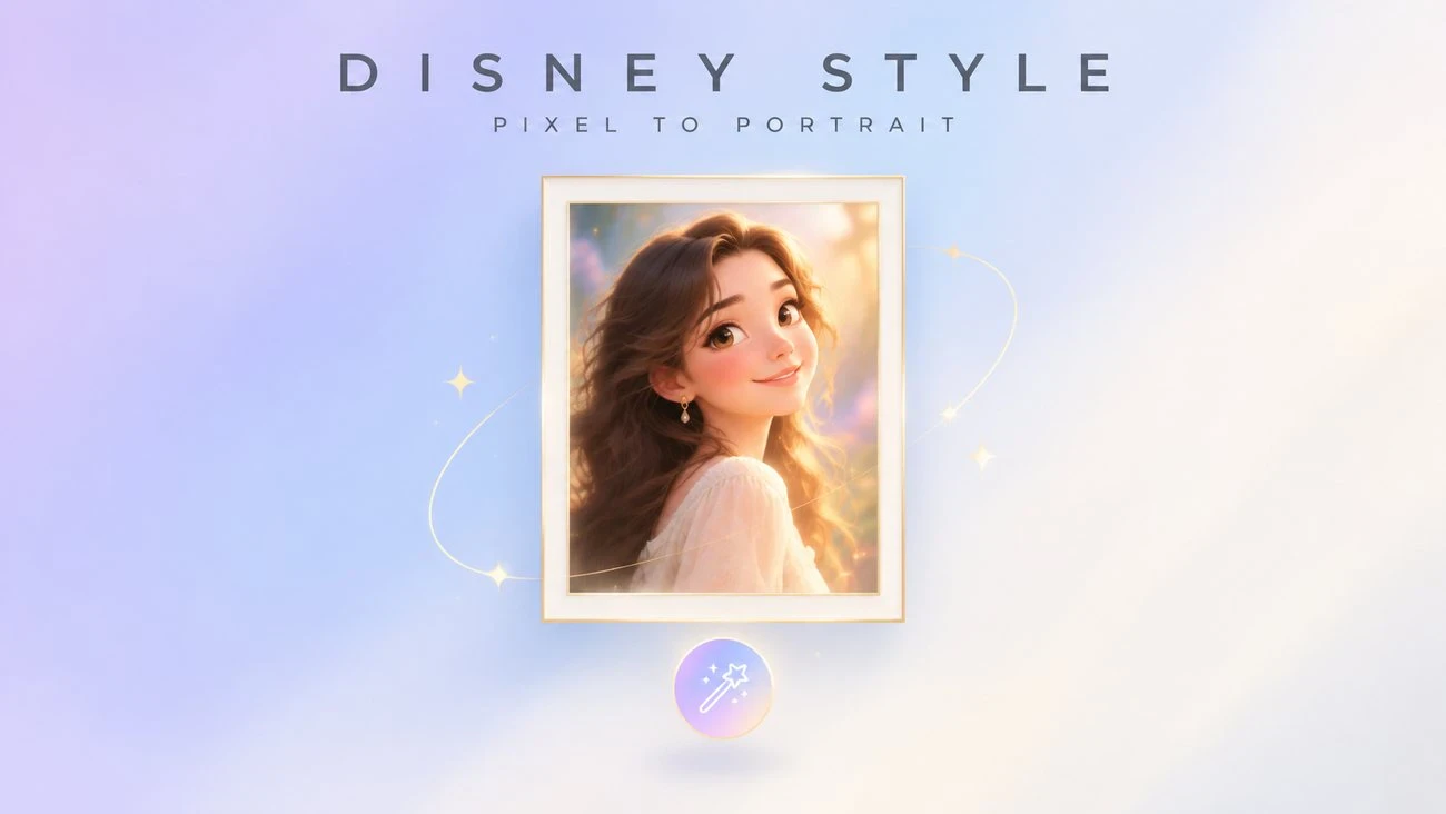 Disney style AI generator hero art: a warm storybook portrait redrawn from an uploaded photo