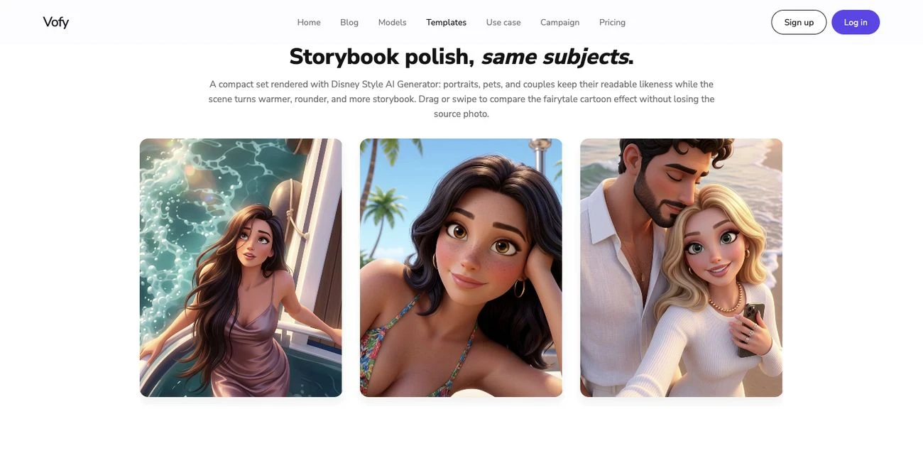 Screenshot of the Disney Style AI Generator showcase on Vofy, showing storybook portrait results