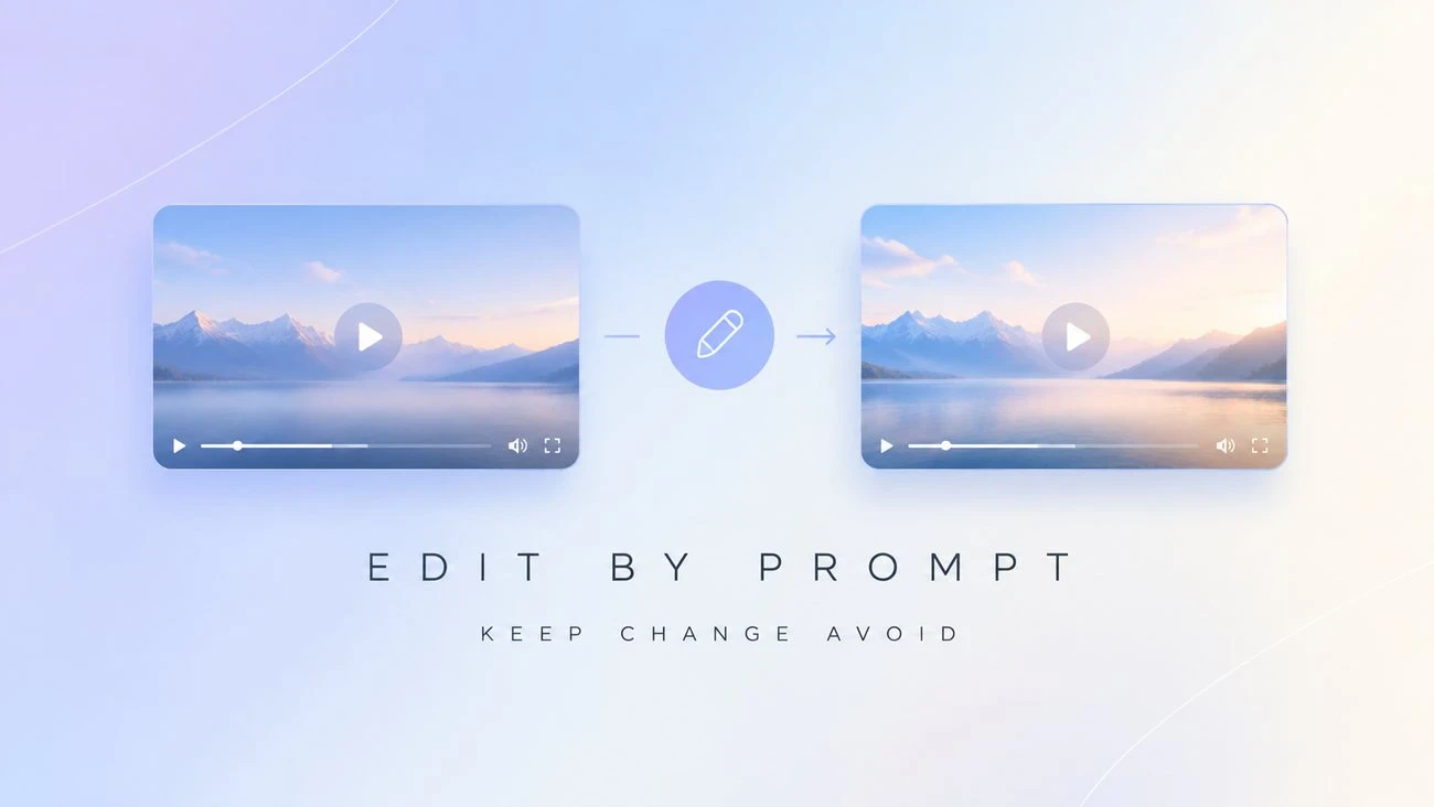 Two video player cards connected by an arrow with the labels EDIT BY PROMPT and KEEP CHANGE AVOID