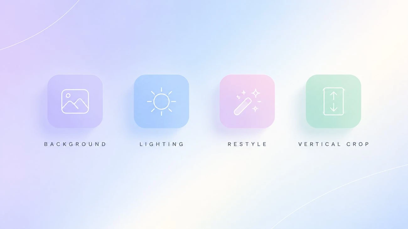 Four natural language editing recipe tiles: background, lighting, restyle, and vertical crop