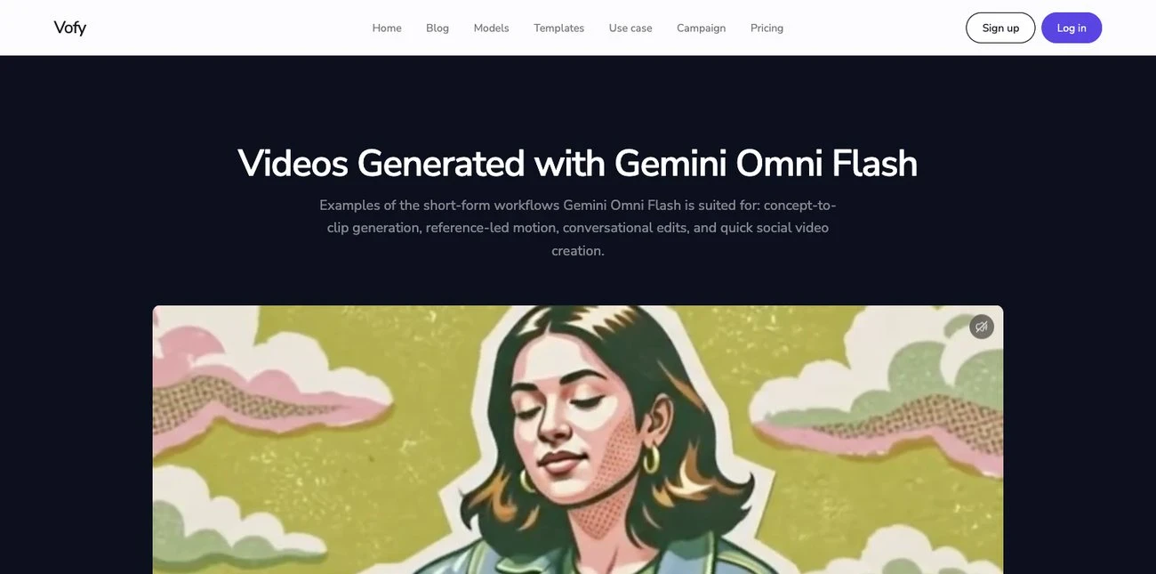 Screenshot of the Gemini Omni Flash example gallery on the Vofy model page