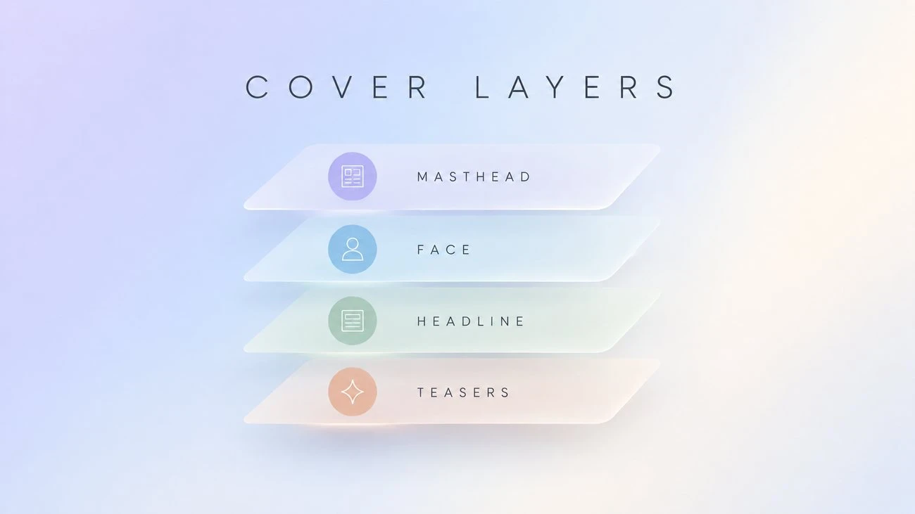 Diagram of magazine cover layers labelled Masthead, Face, Headline, and Teasers.