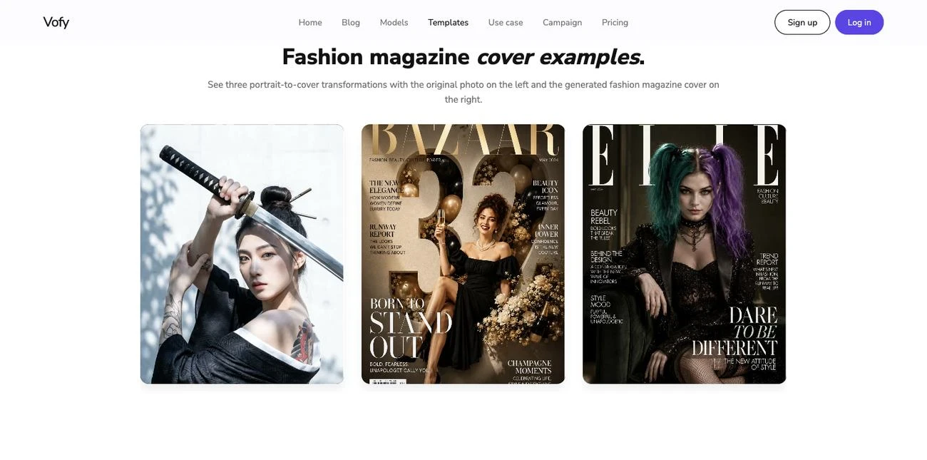 Screenshot of the Vofy Fashion Magazine Cover app showing three portrait-to-cover examples.