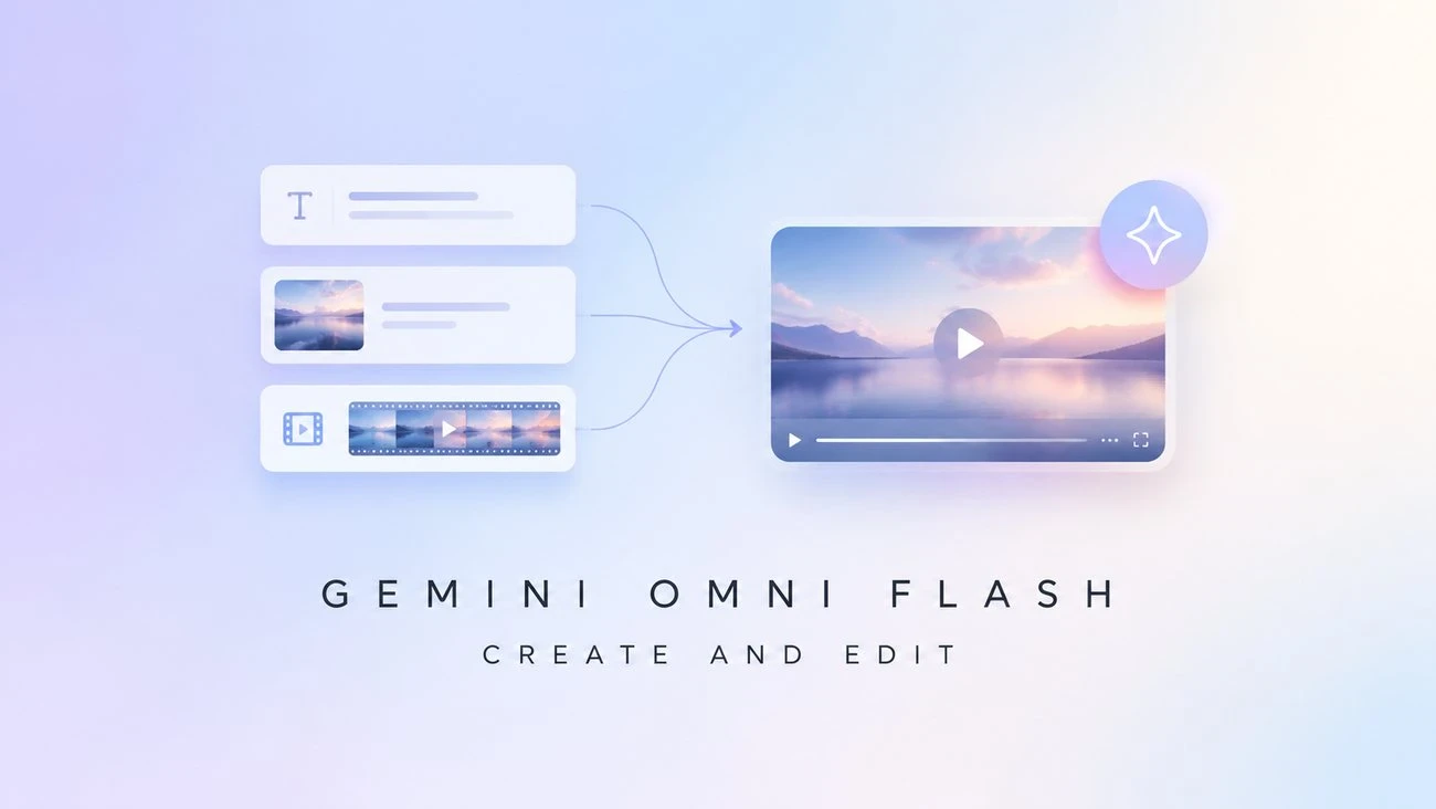 Gemini Omni Flash hero graphic showing text, image, and clip inputs converging into one video card