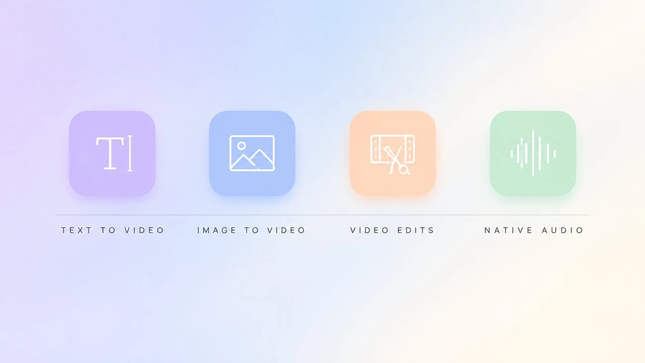 Four Gemini Omni Flash workflow tiles: text to video, image to video, video edits, and native audio