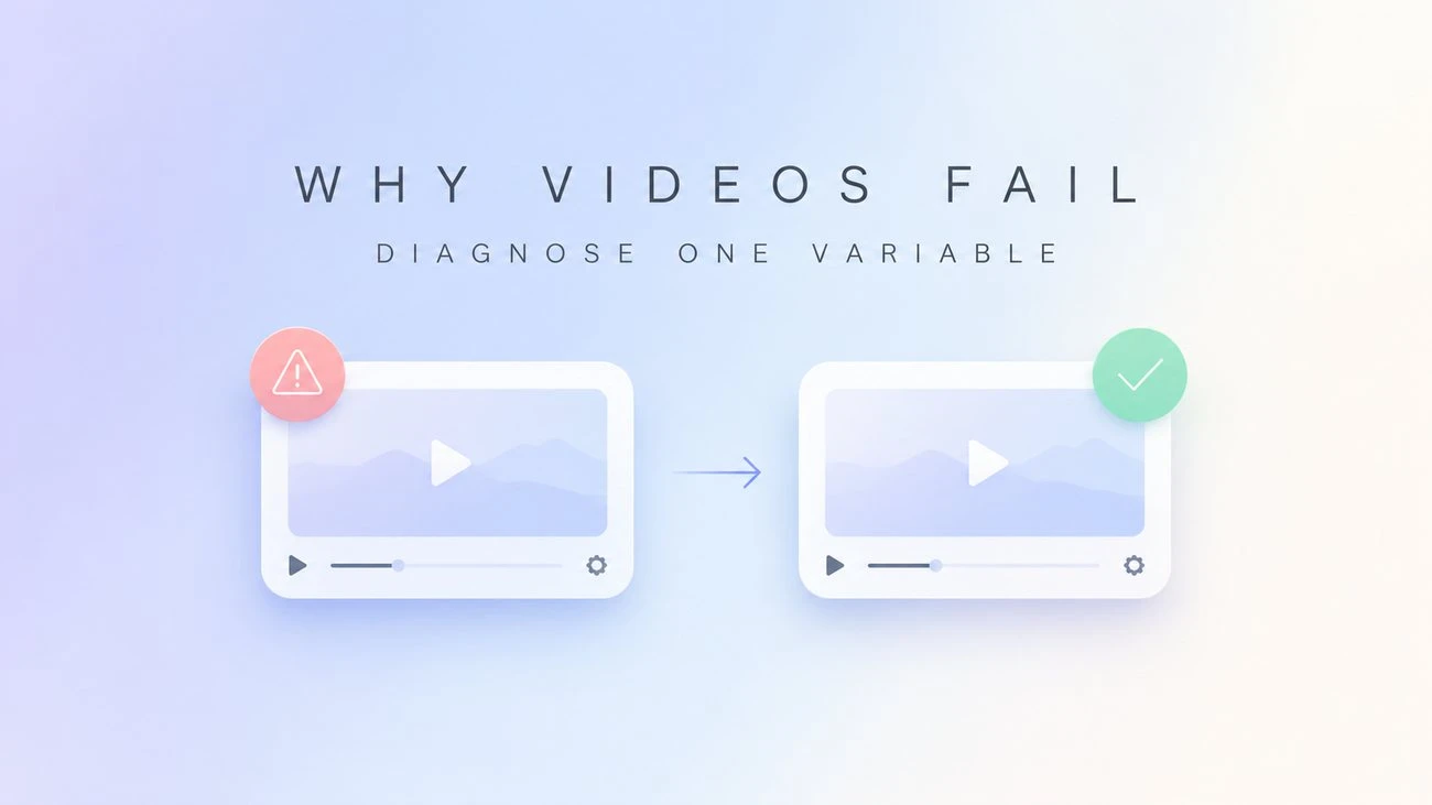 Two video cards showing a failed result beside a corrected one with the labels WHY VIDEOS FAIL and DIAGNOSE ONE VARIABLE