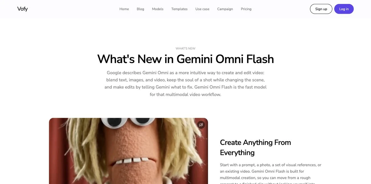 Screenshot of the What's New in Gemini Omni Flash section on the Vofy model page