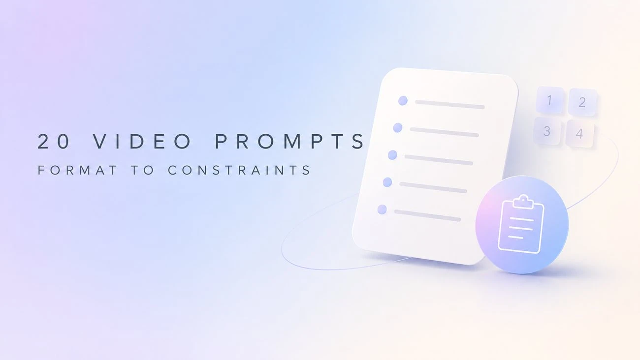 Prompt script card with the labels 20 VIDEO PROMPTS and FORMAT TO CONSTRAINTS
