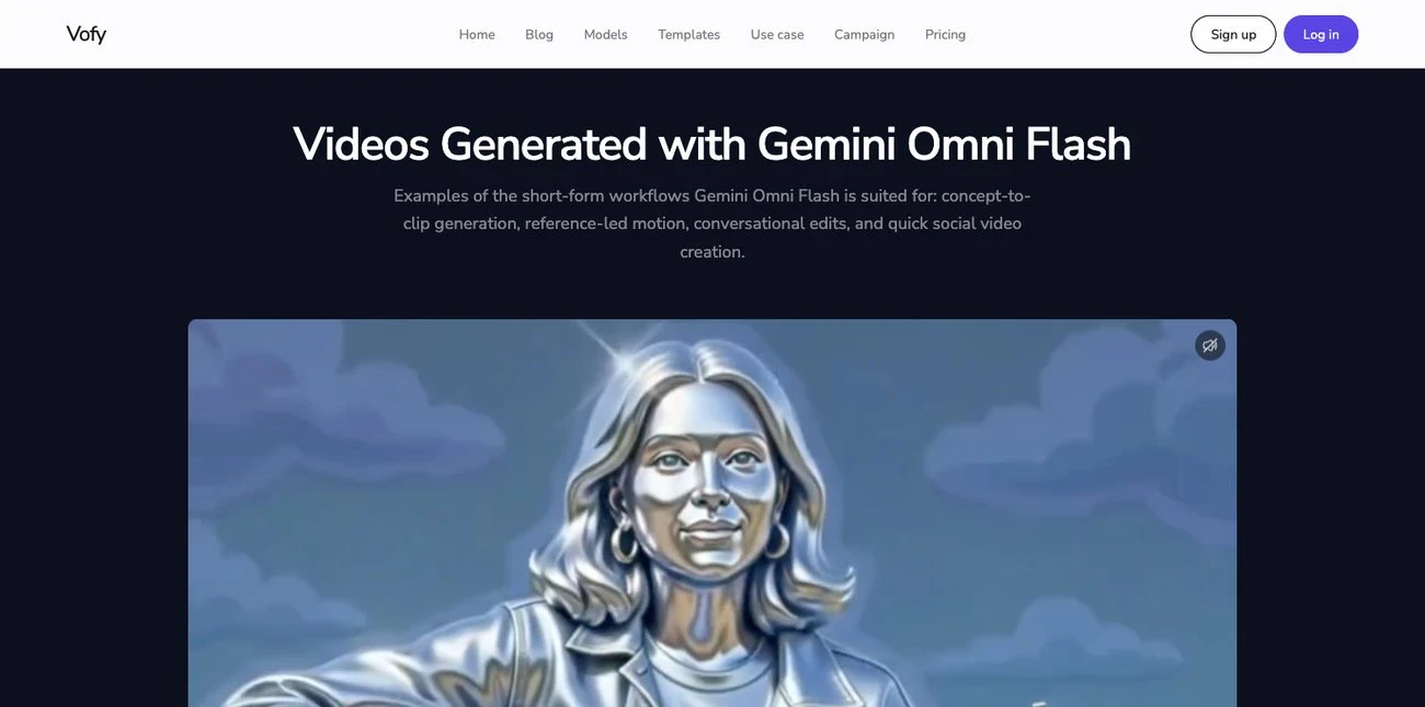 Screenshot of the Gemini Omni Flash showcase gallery on the Vofy model page