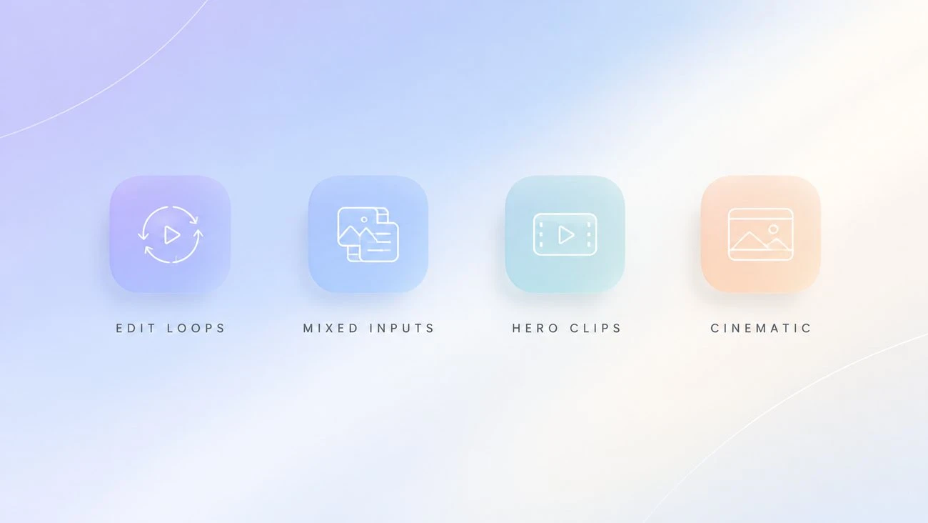 Four model choice tiles: edit loops, mixed inputs, hero clips, and cinematic output