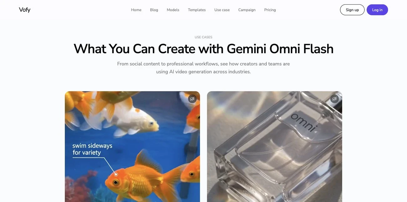 Screenshot of Gemini Omni Flash use cases on Vofy used for the Veo comparison