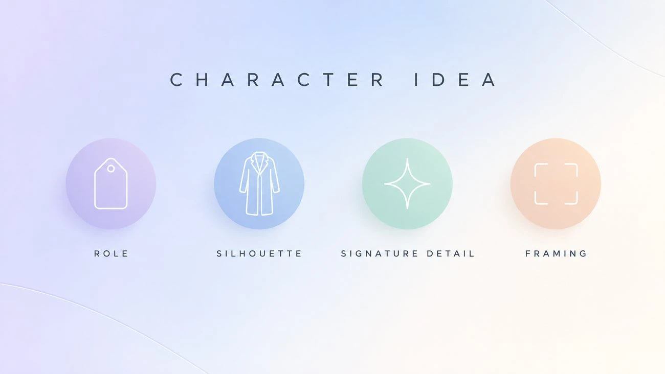 Diagram of the character idea formula labelled Role, Silhouette, Signature Detail, and Framing.
