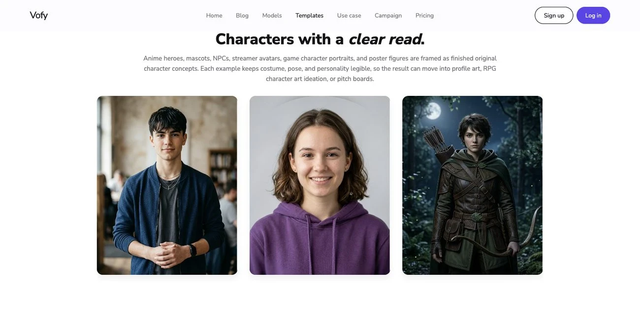 Screenshot of the Vofy AI Character Generator showing anime hero, mascot, and NPC character examples.