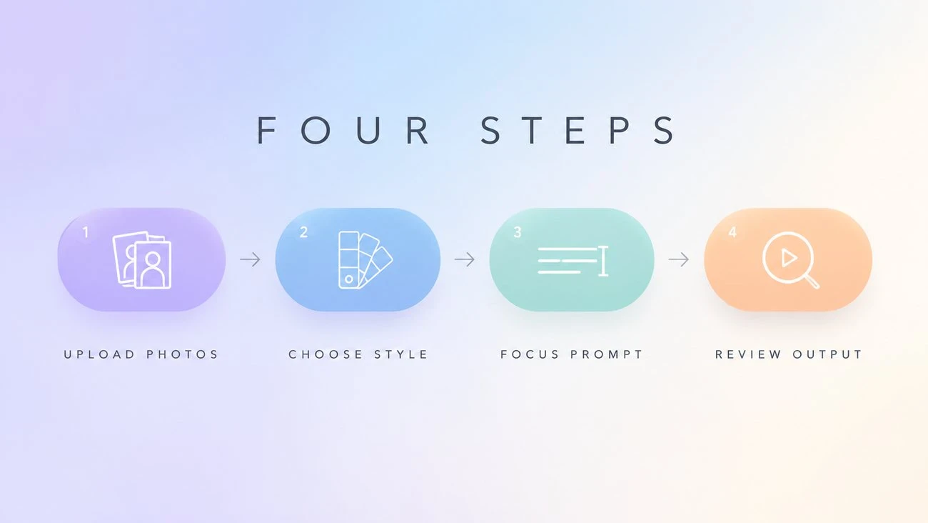 Diagram of the four steps for making an AI kissing video: upload photos, choose style, focus prompt, and review output