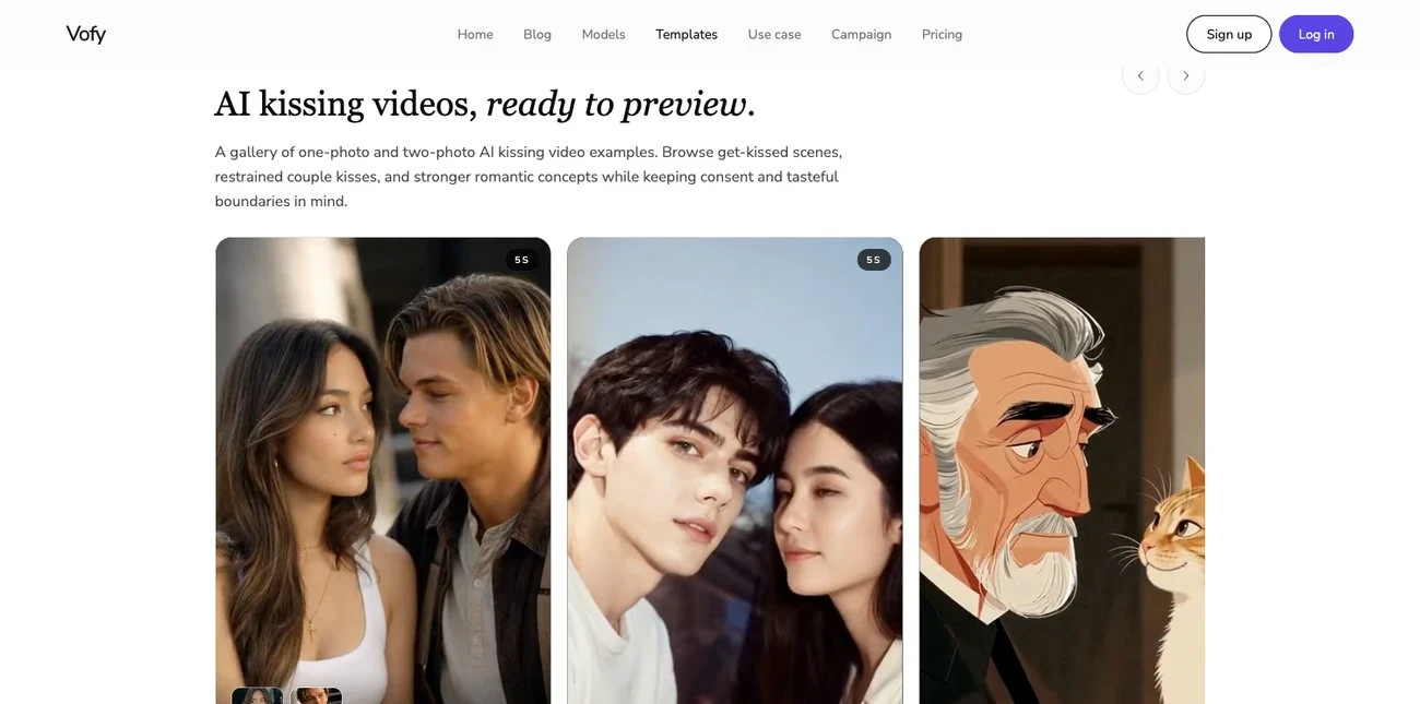 AI Kissing Video Generator app page on Vofy with kissing video examples