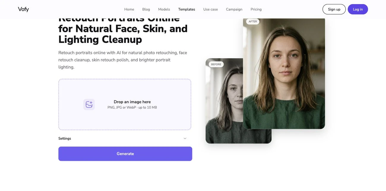 Screenshot of the Vofy Retouch Portraits tool with a before-and-after portrait comparison