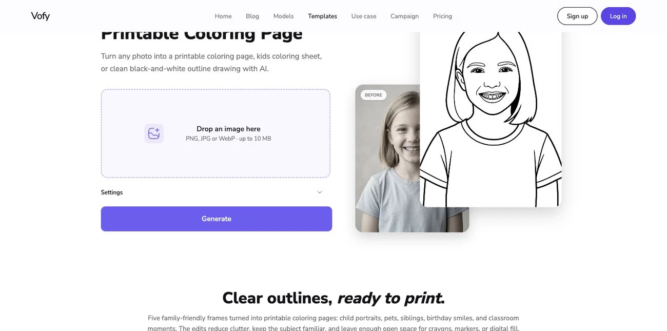 Screenshot of the Vofy Photo to Coloring Page app showing printable line-art examples ready to print.