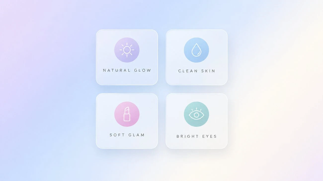 Four AI beauty filter finishes labelled natural glow, clean skin, soft glam and bright eyes