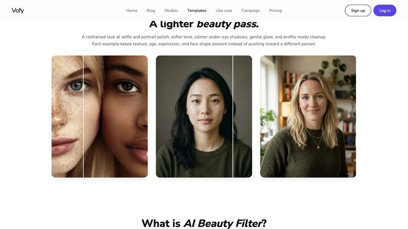 Screenshot of the Vofy AI Beauty Filter page showing portrait retouching examples