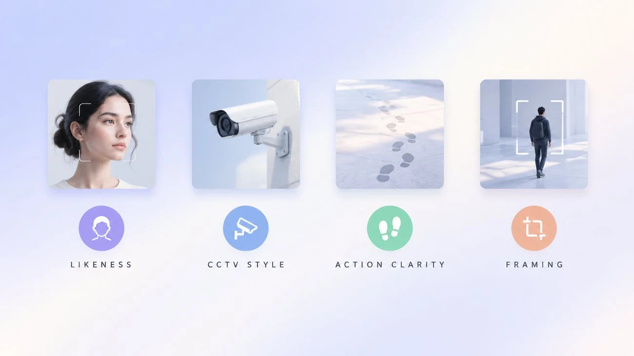 CCTV clip review checklist: likeness, CCTV style, action clarity, and framing