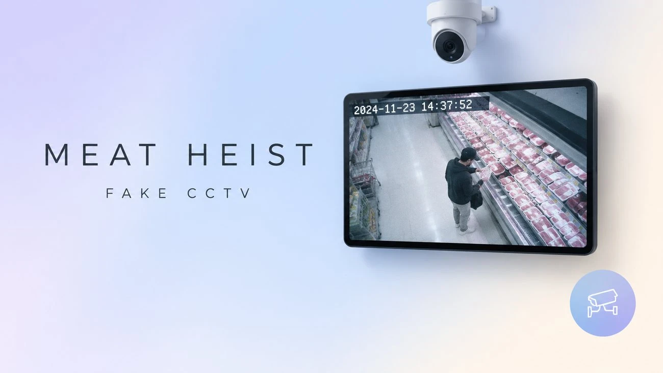 Meat Heist Video Generator: a fake supermarket CCTV frame with a timestamp overlay