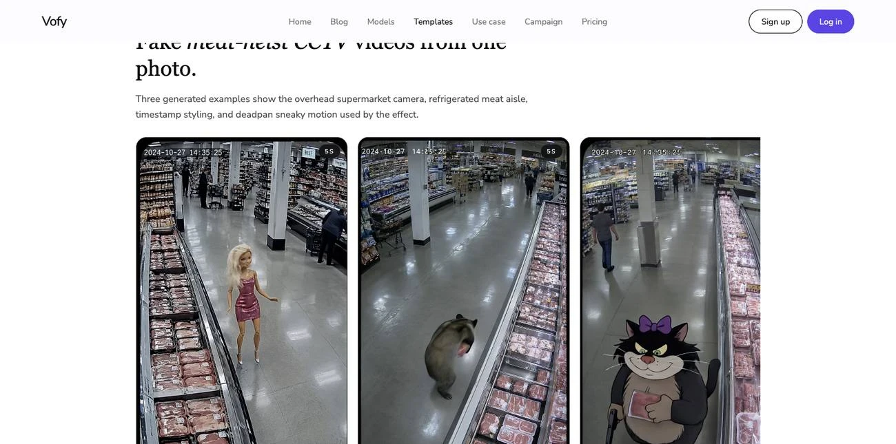 Screenshot of the Meat Heist Video Generator video gallery on Vofy showing fake CCTV examples