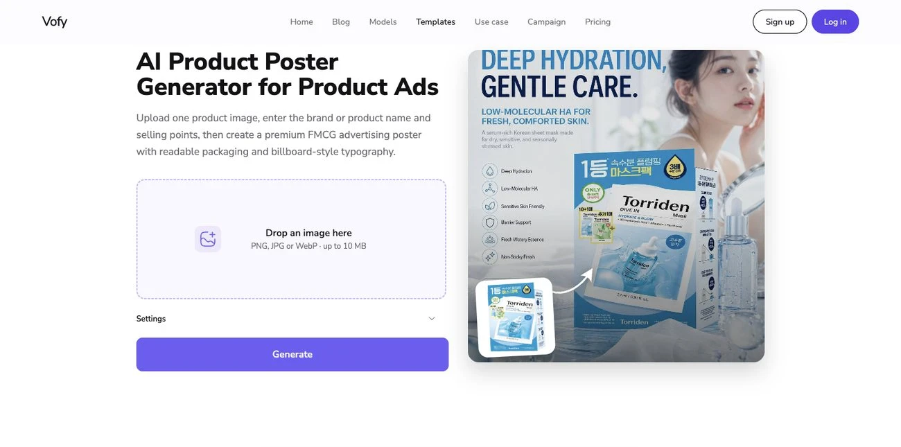 Screenshot of the Vofy AI Product Poster Generator for turning one product photo into poster ads.