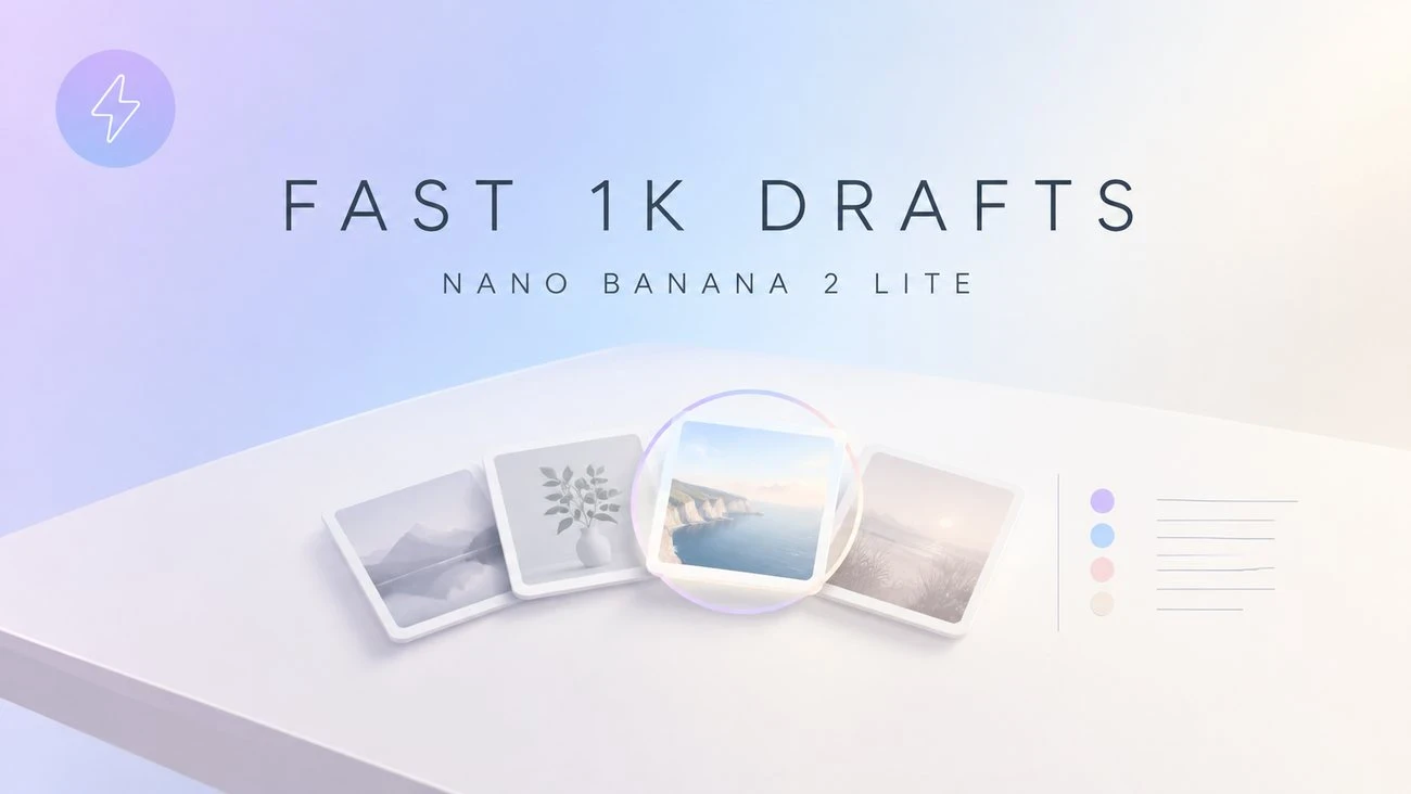 Nano Banana 2 Lite: a fan of fast 1K image drafts with one direction highlighted