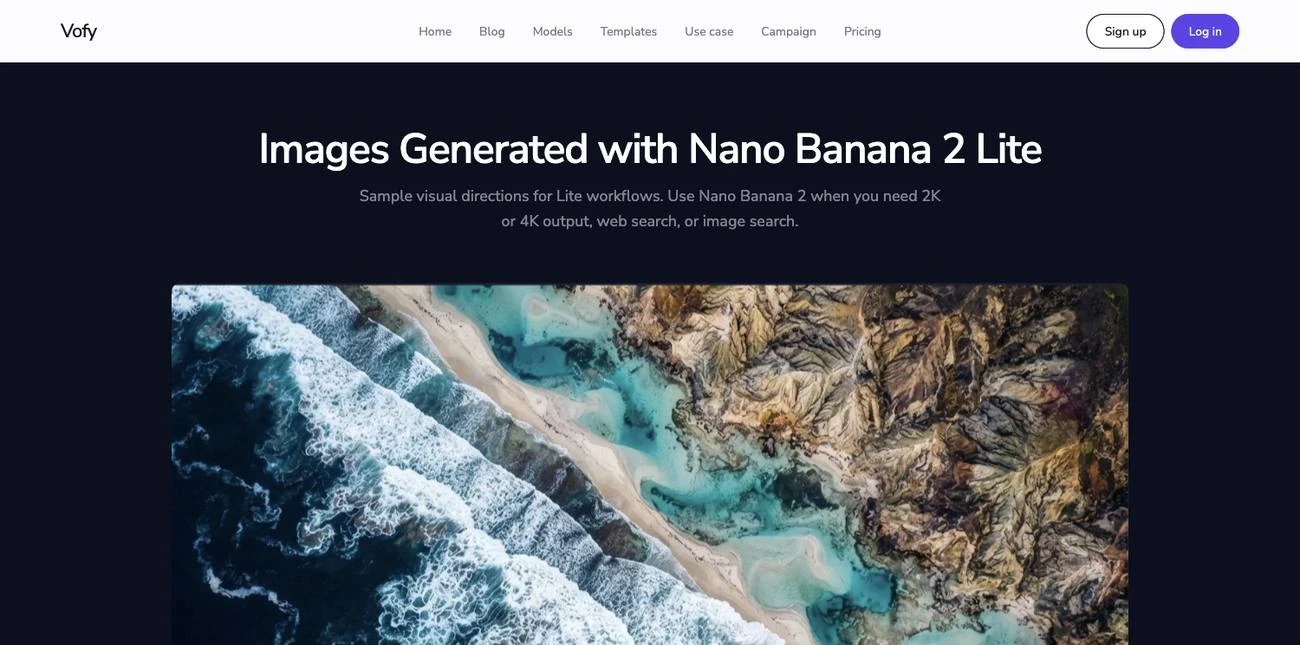 Screenshot of the Nano Banana 2 Lite sample image gallery on Vofy