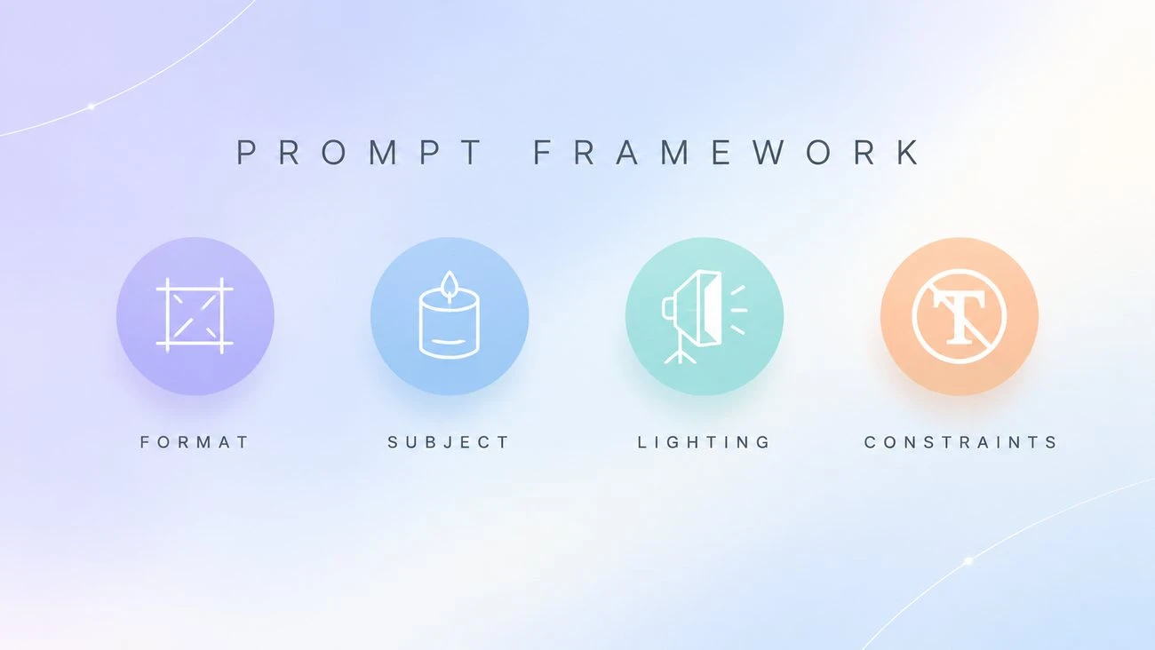 Diagram of the Nano Banana 2 Lite prompt framework labelled Format, Subject, Lighting, and Constraints.