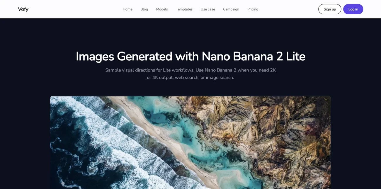 Screenshot of the Vofy Nano Banana 2 Lite model page showing sample visual directions generated with Lite.