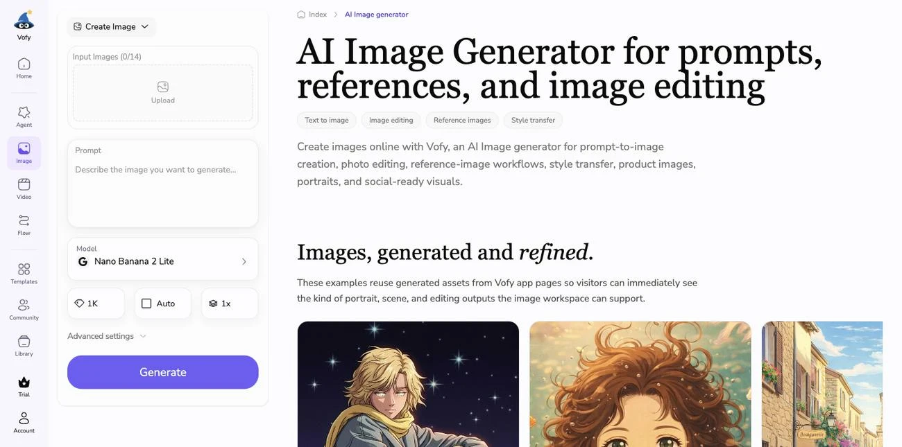 Screenshot of Vofy Image Studio showing generated and refined image examples side by side.