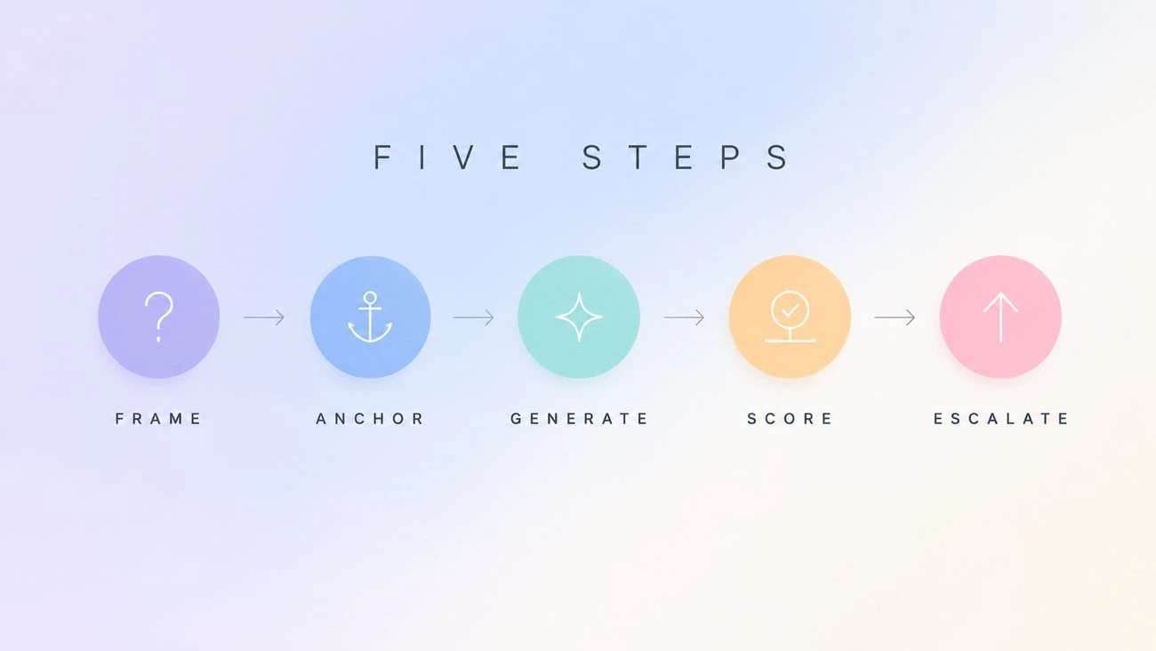 Diagram of the five-step Lite workflow labelled Frame, Anchor, Generate, Score, and Escalate.