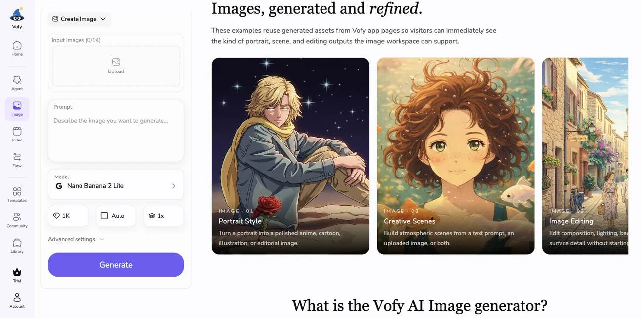 Screenshot of Vofy Image Studio with the Nano Banana 2 Lite model selected for a controlled batch.
