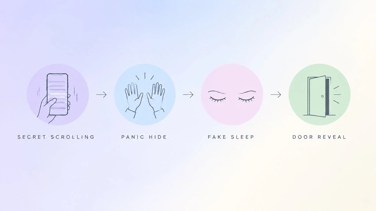 Four pet fake-sleep video beats labelled secret scrolling, panic hide, fake sleep and door reveal