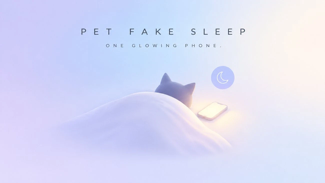 Original editorial illustration of an abstract cat hiding a glowing phone under a blanket