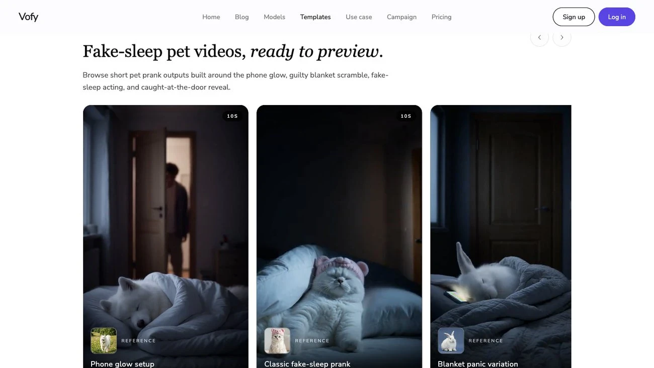 Screenshot of the Vofy pet fake-sleeps with a phone video generator page showing its video gallery
