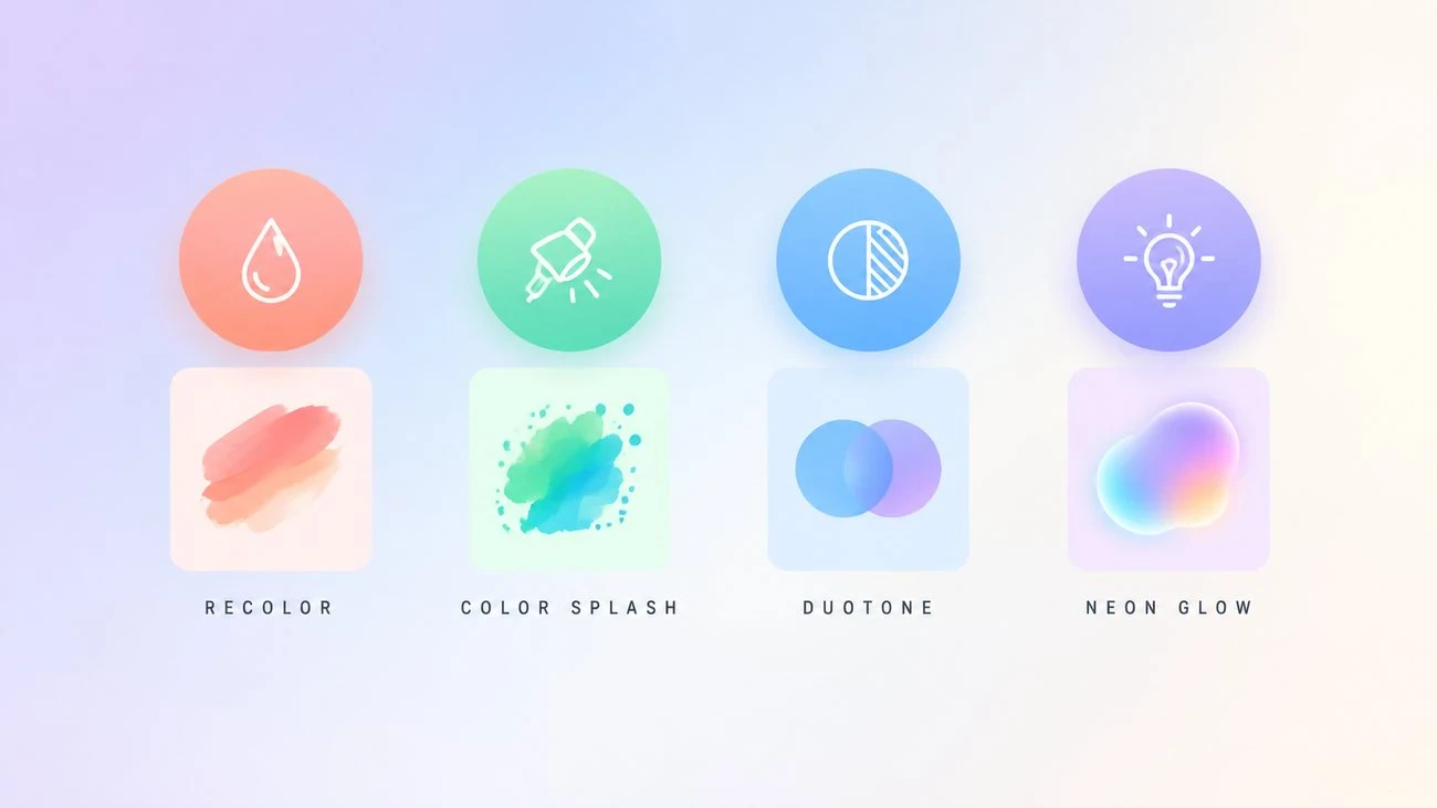 Four photo color effect families to choose from: recolor, color splash, duotone, and neon glow