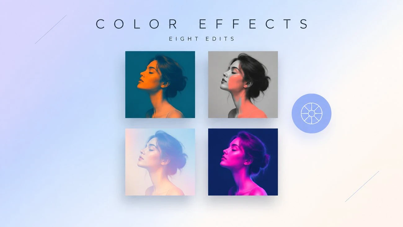 Eight photo color effects compared on the same portrait: recoloring, color splash, duotone, tinter, negative, neon, pastel, and rainbow air