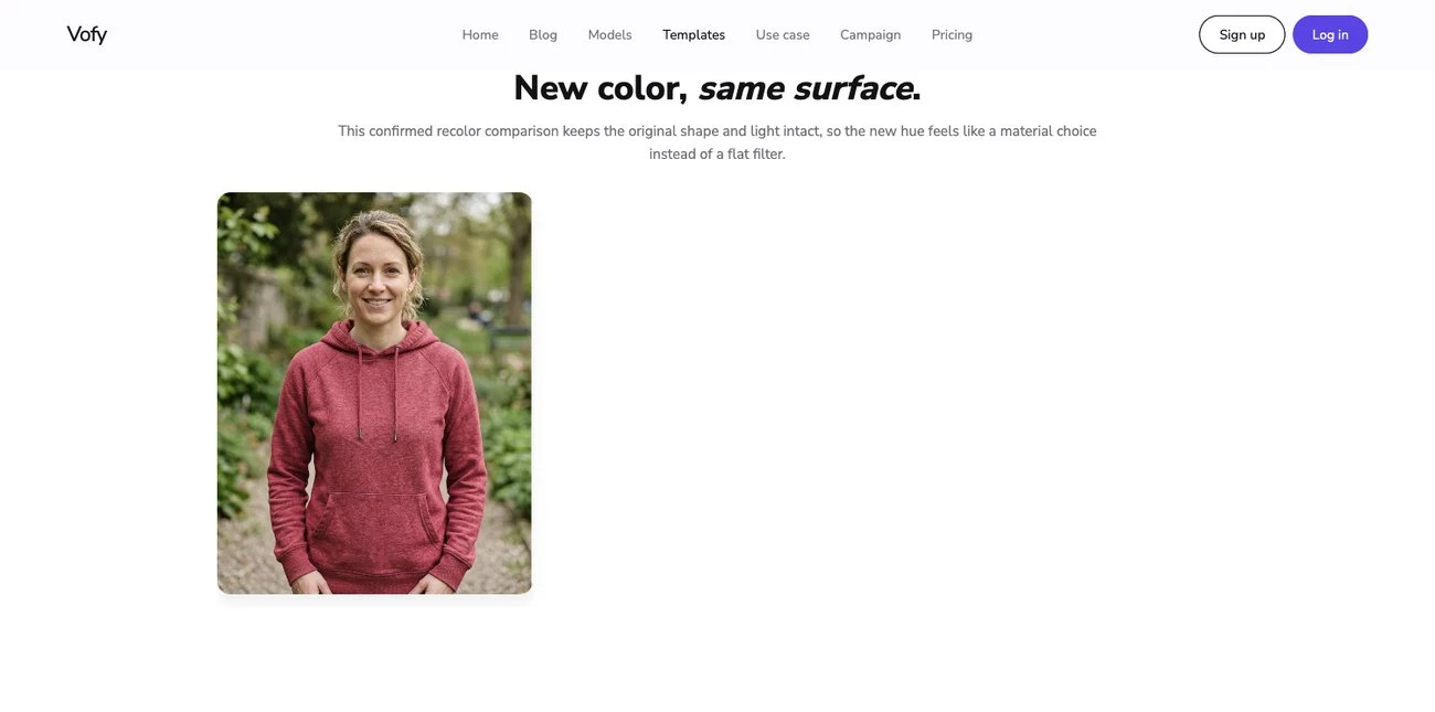 Screenshot of the Change Color of Image showcase on Vofy, showing a recolored product surface