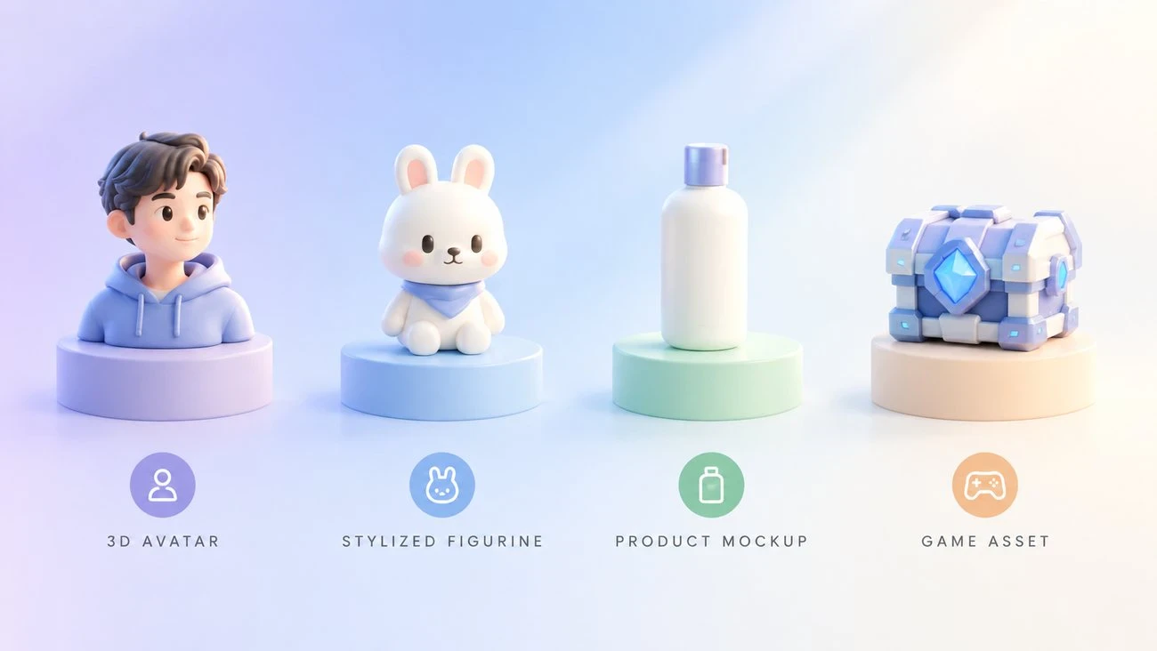 Four Photo to 3D Model presets: 3D avatar, stylized figurine, product mockup, and game asset
