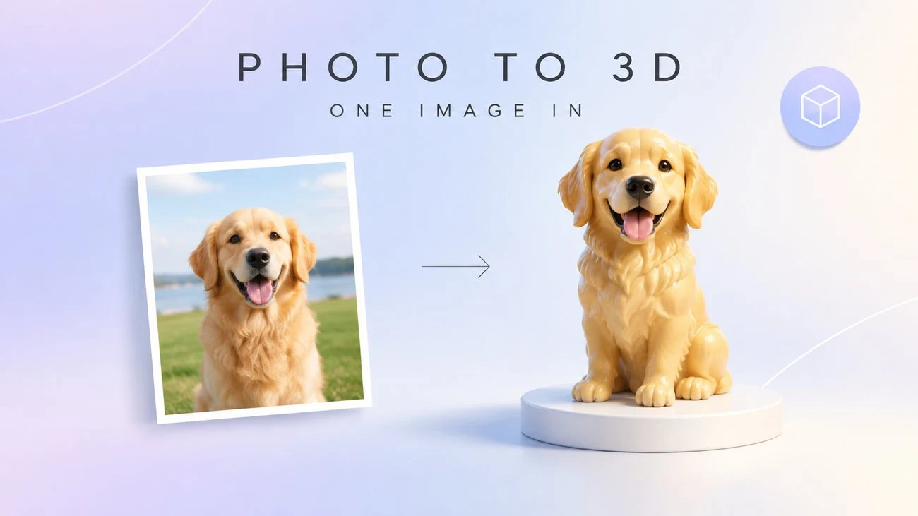 Photo to 3D model: a pet photo rebuilt as a rounded 3D-style figurine on a display pedestal