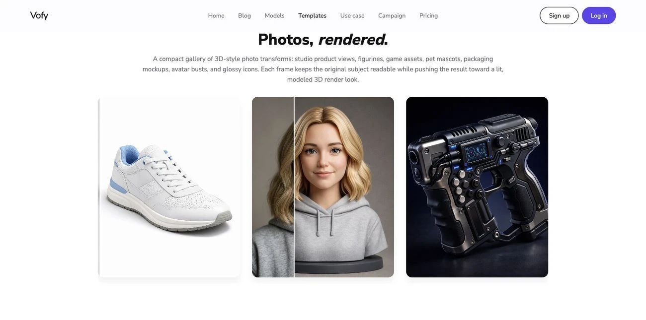 Screenshot of the Vofy Photo to 3D Model gallery showing rendered 3D-style results