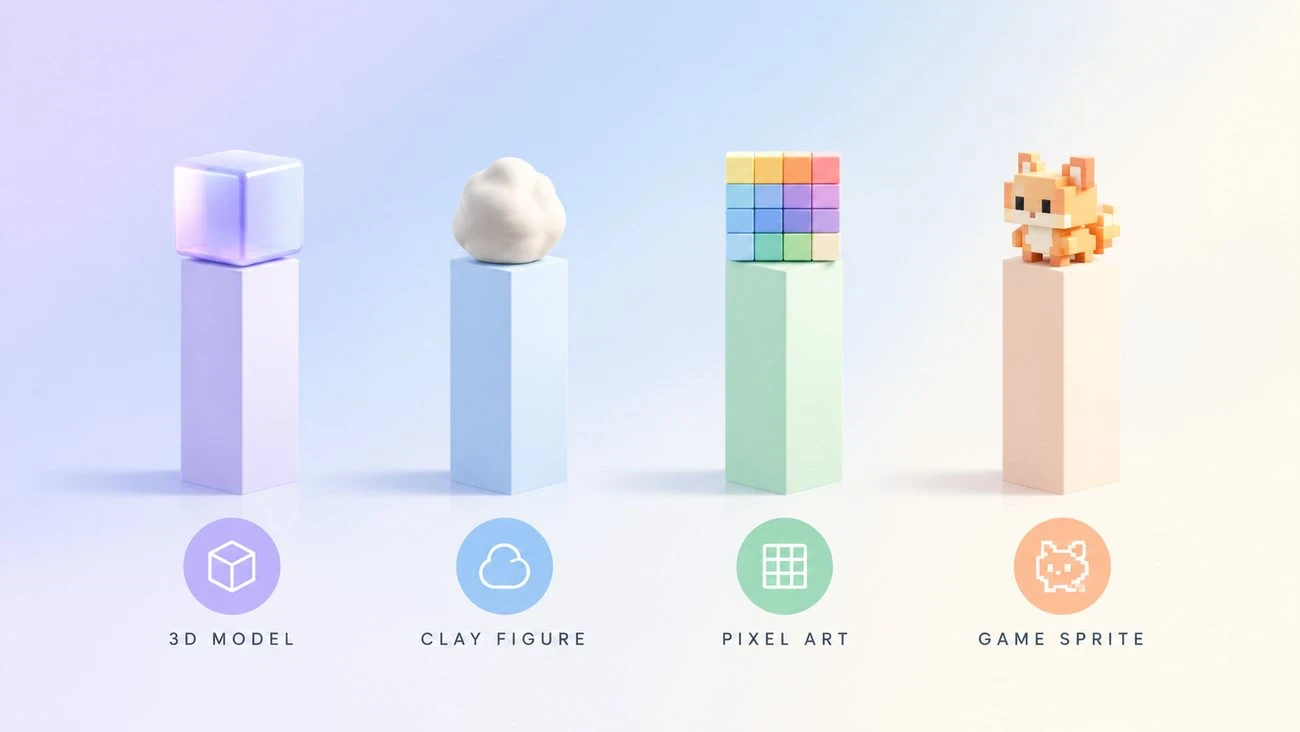 Four AI photo style families compared: 3D model, clay figure, pixel art, and game sprite