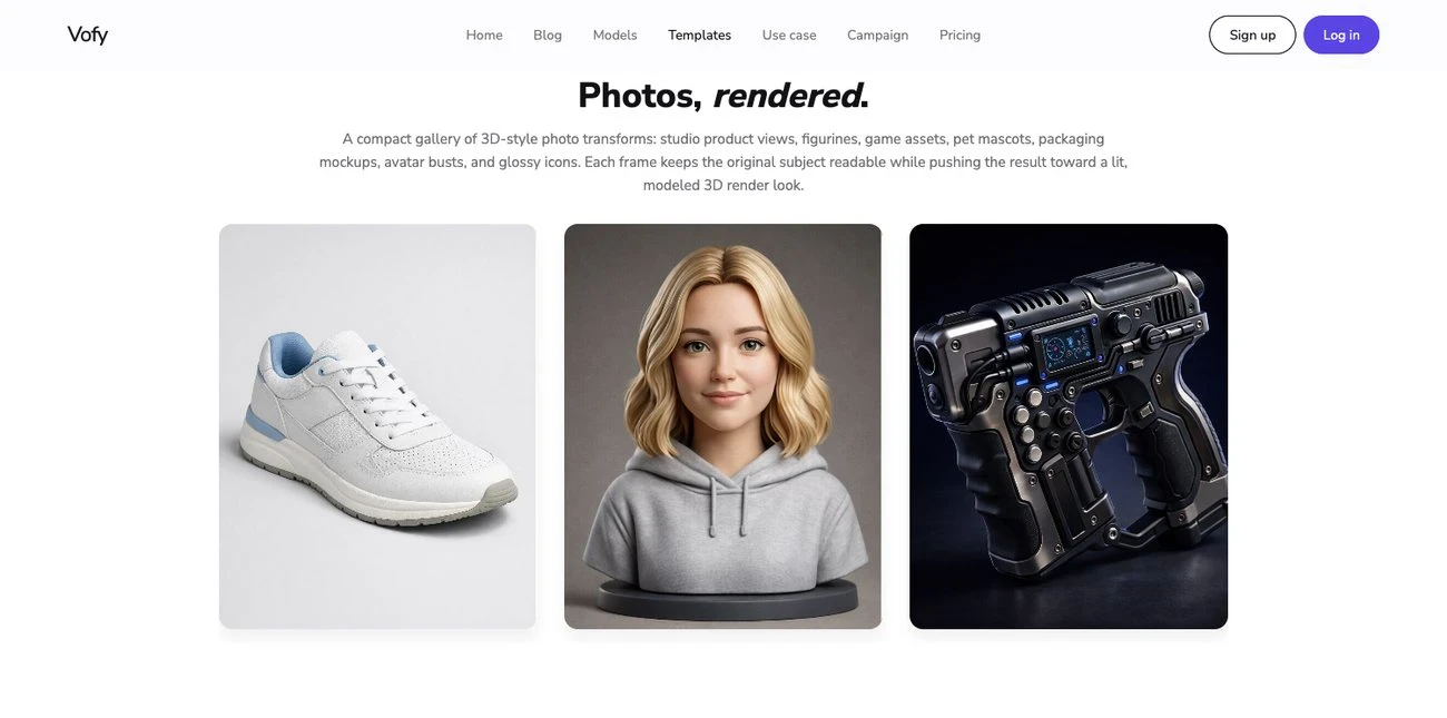 Screenshot of the Vofy Photo to 3D Model gallery showing 3D-style photo transformations