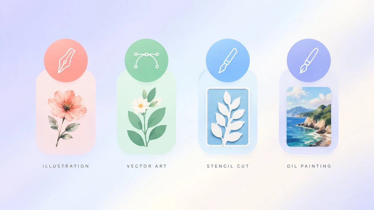 Four photo to art routes from the guide: illustration, vector art, stencil cut, and oil painting