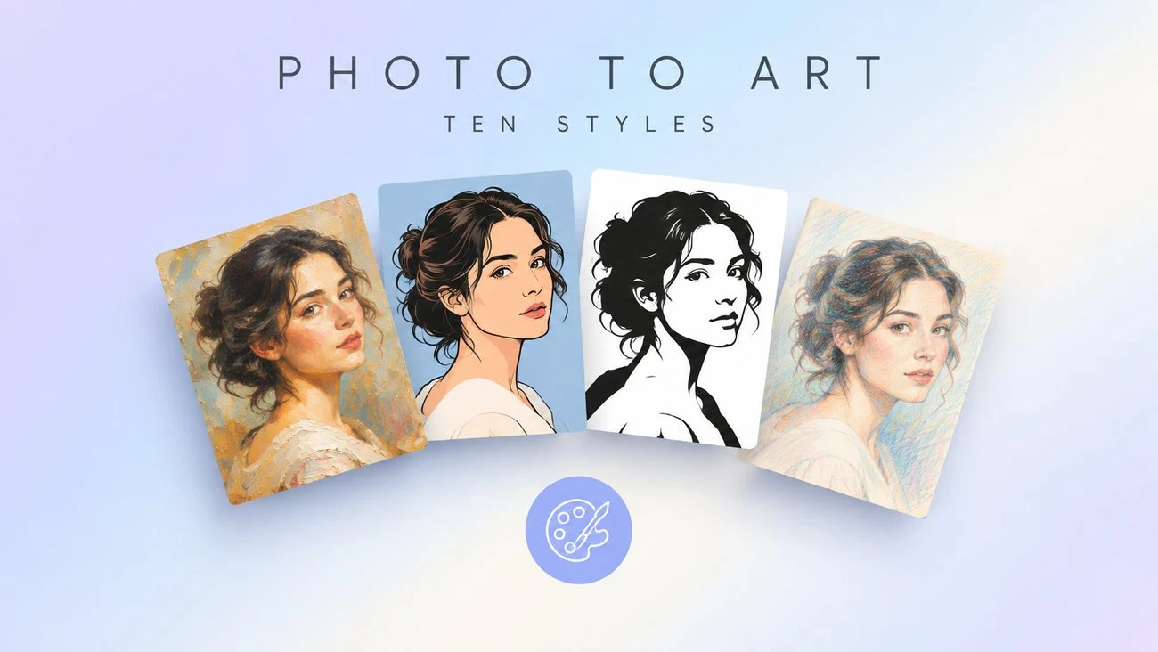 Photo to art styles compared: the same portrait as an oil painting, a vector illustration, a stencil cutout, and a coloured pencil drawing
