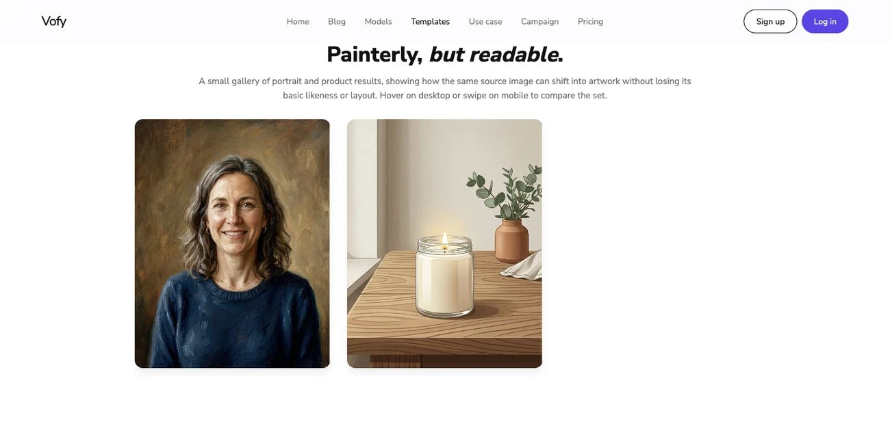 Screenshot of the Photo to Art showcase on Vofy, showing a gallery of painterly portrait results